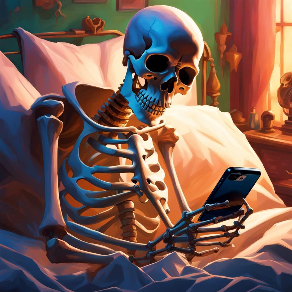 Skeleton in Bed: Hyperrealistic Digital Art