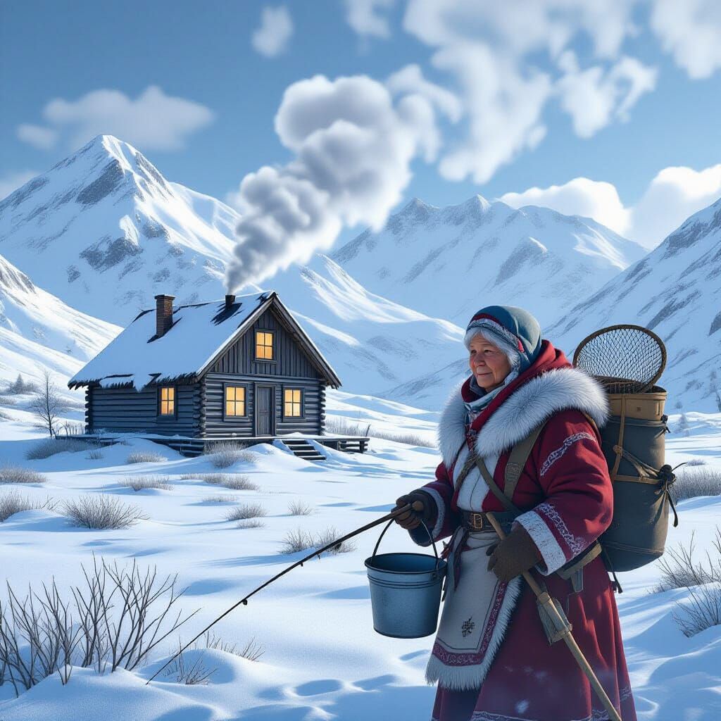 Alaskan Cabin Scene with Inuit Woman, Digital Art