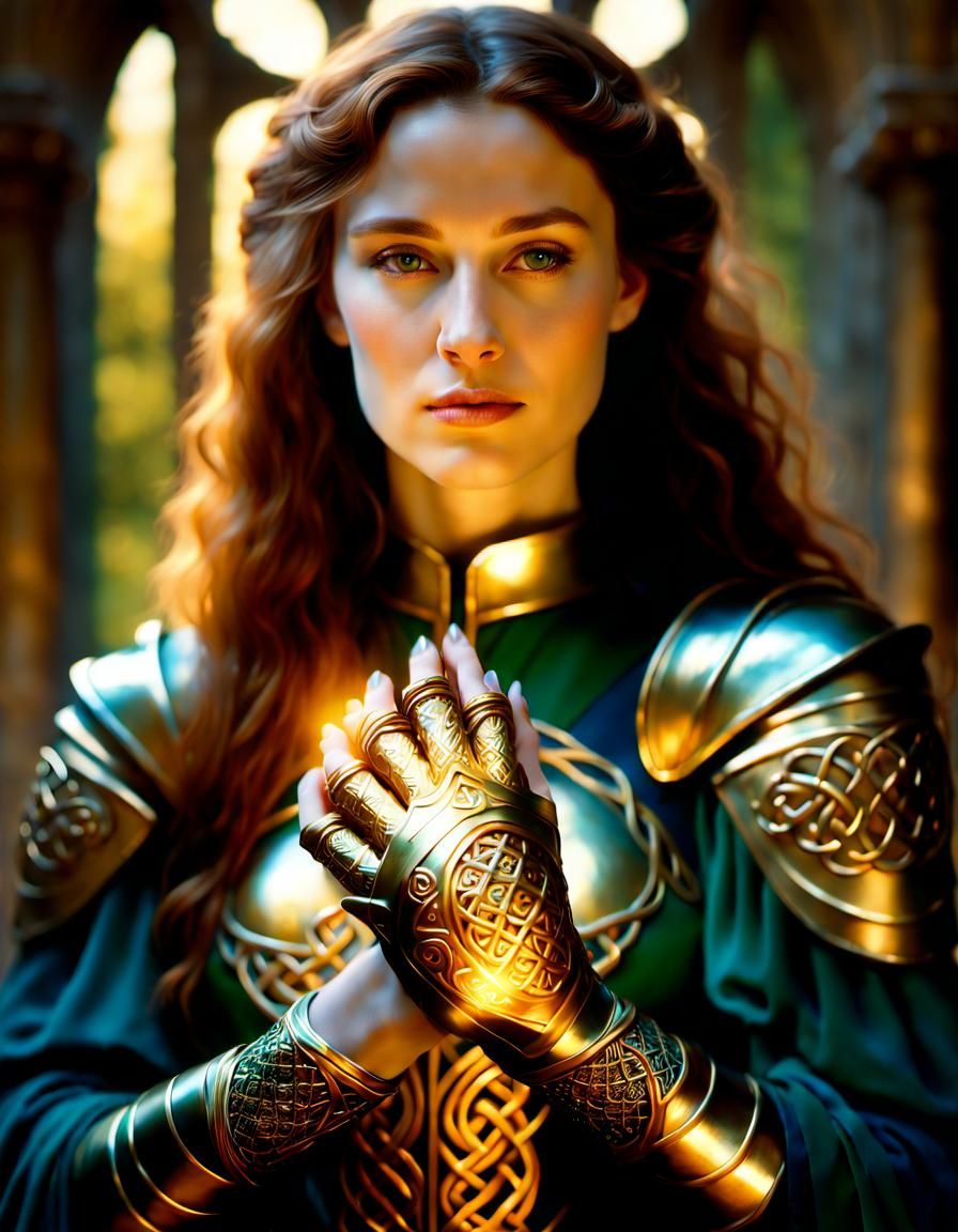 Regal Woman with Golden Gauntlet: Pre-Raphaelite Portrait