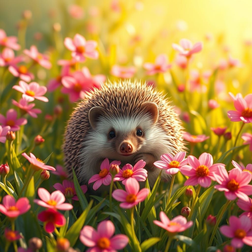 Whimsical Hedgehog in a Vibrant Floral Field