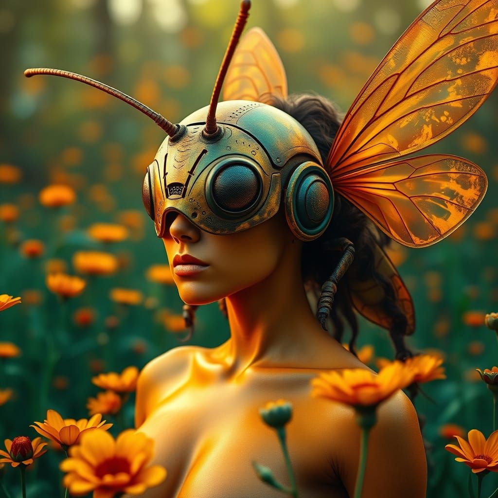 Dreamlike Bee Woman in Vibrant, Futuristic Meadow