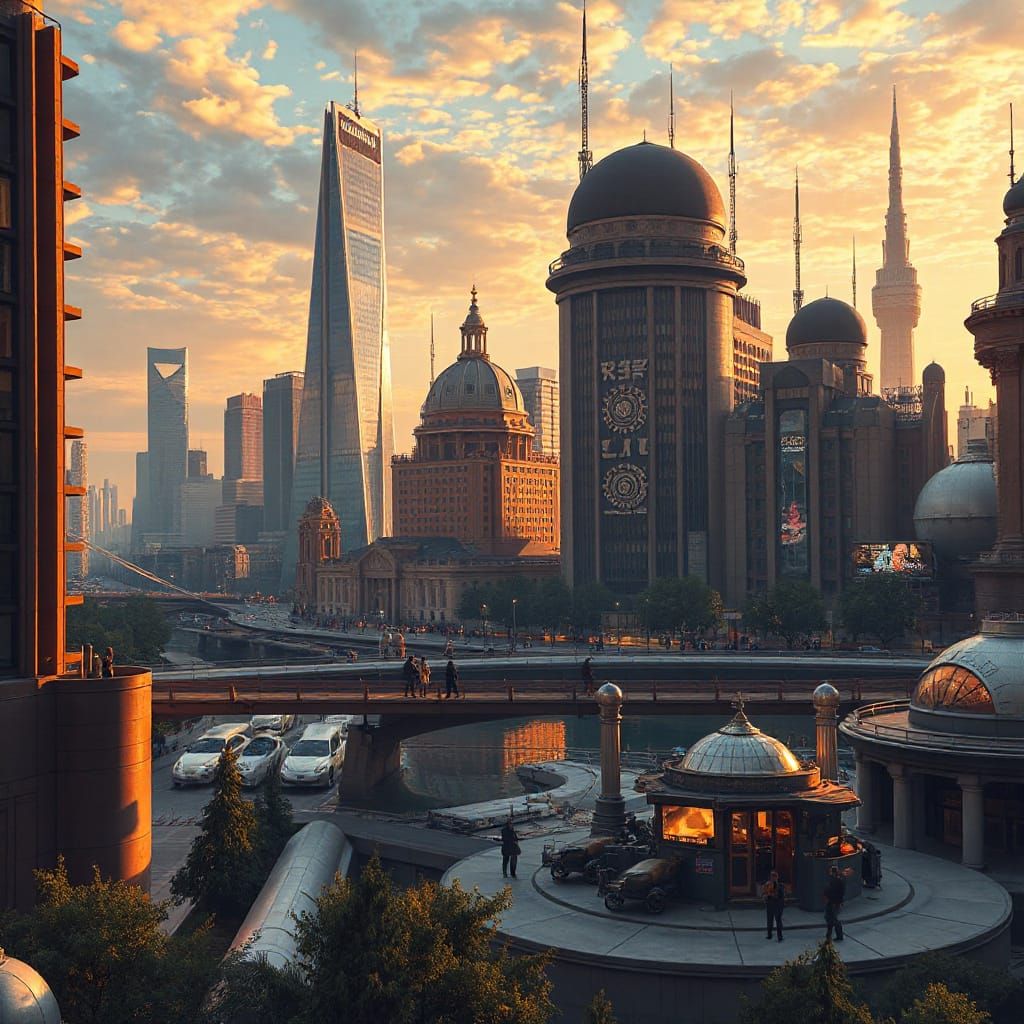 Utopian Cityscape Blending Retro-Futurism and Graphic Novel ...