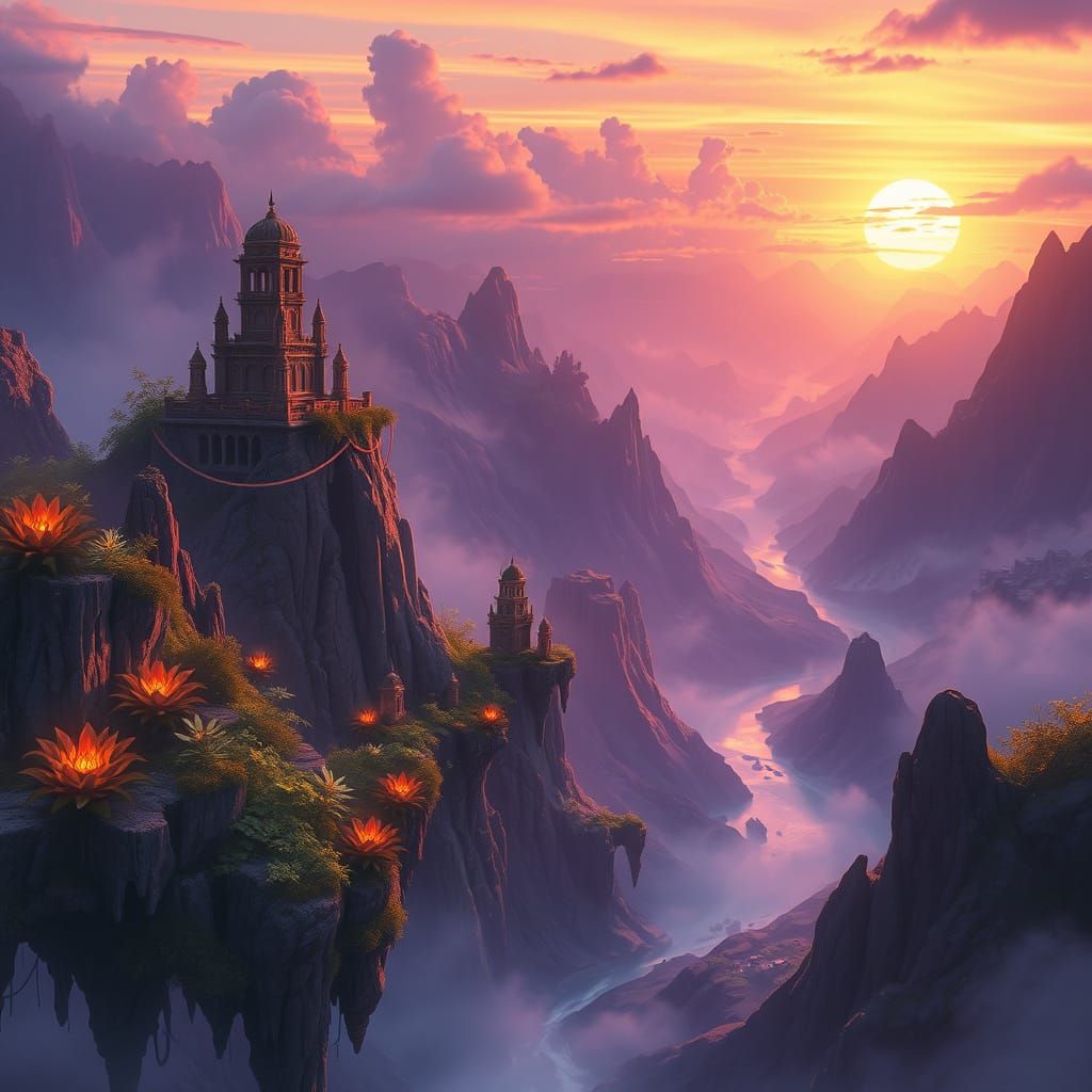 Ethereal Sunset Fantasy World with Glowing Plants and Ancien...