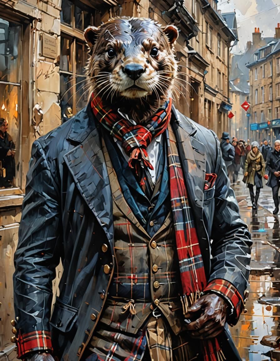 Anthropomorphic Otter in Scottish Highlands, Artistic Painti...