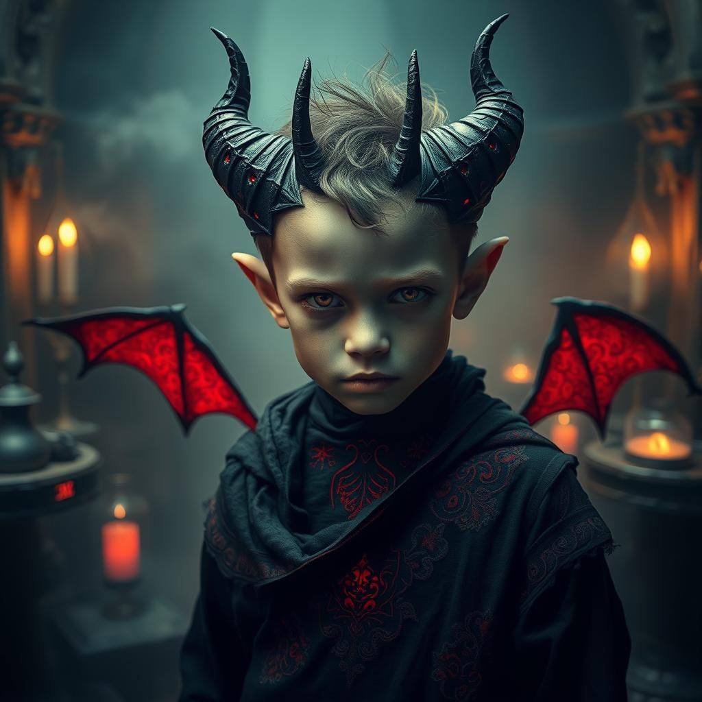 Hyperrealistic Demon Boy with Glowing Embroidery