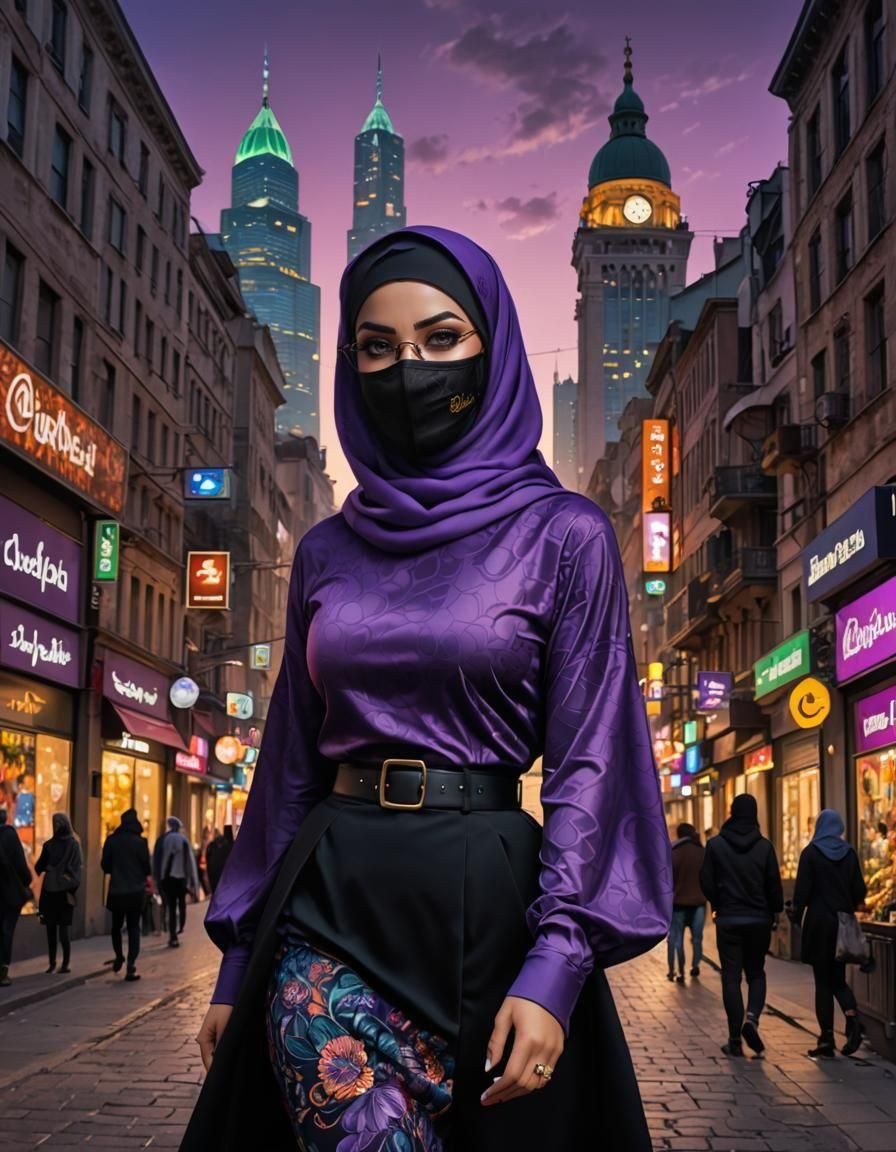 Glamorous Hijabi Woman in Cityscape, Color Burst