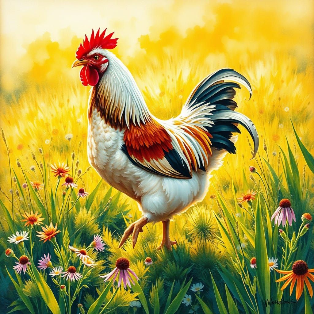 Impressionist Chicken in a Vibrant Pasture