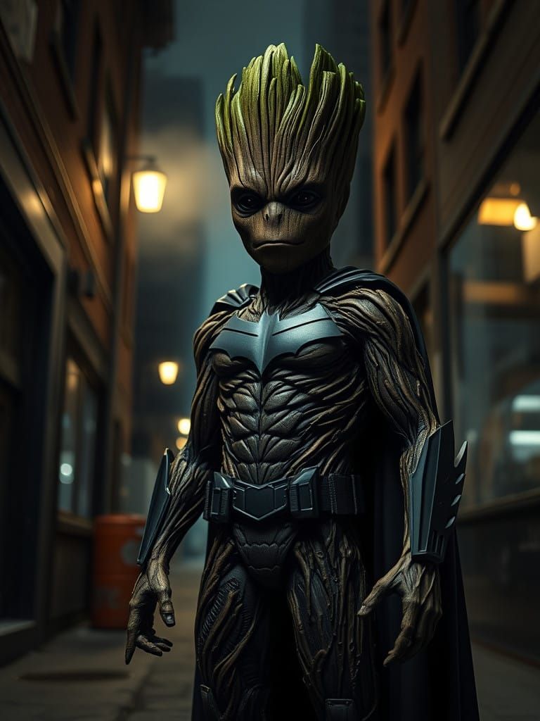 Groot as Dark Knight in Gotham City Alleyway, in Moody Stree...