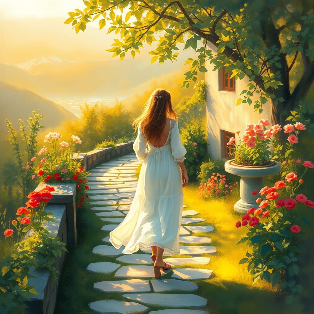 Idyllic Garden Scene in Dreamy Impressionist Style