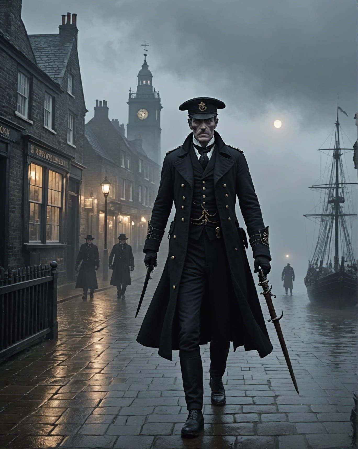 Vengeful Sailor Spirits in Foggy Port Town