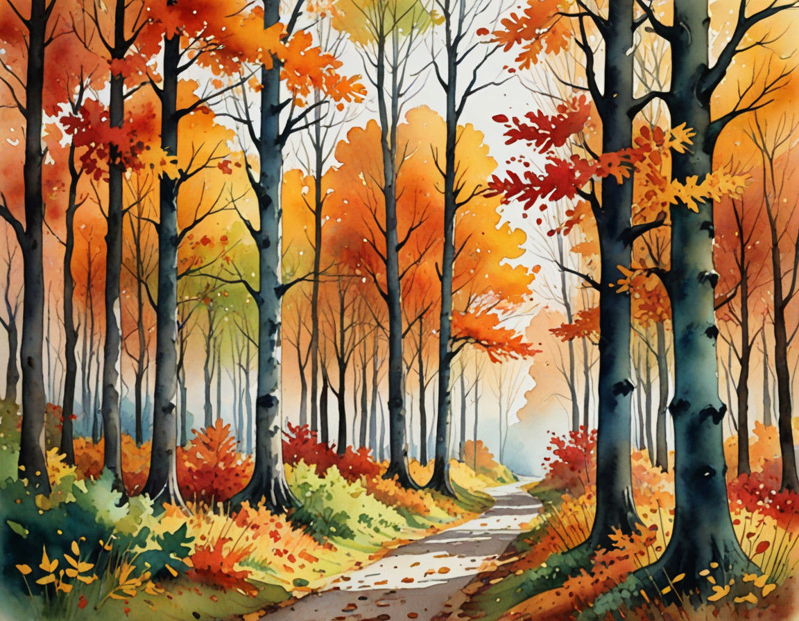 Vibrant Watercolor Autumn Forest in Fall