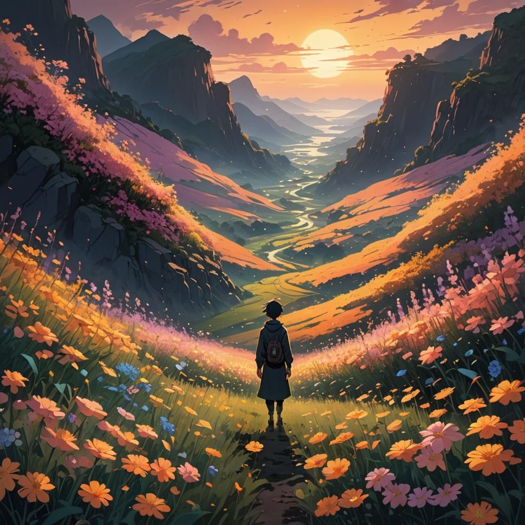 Mystical Anime Figure in Valley of Glowing Flowers