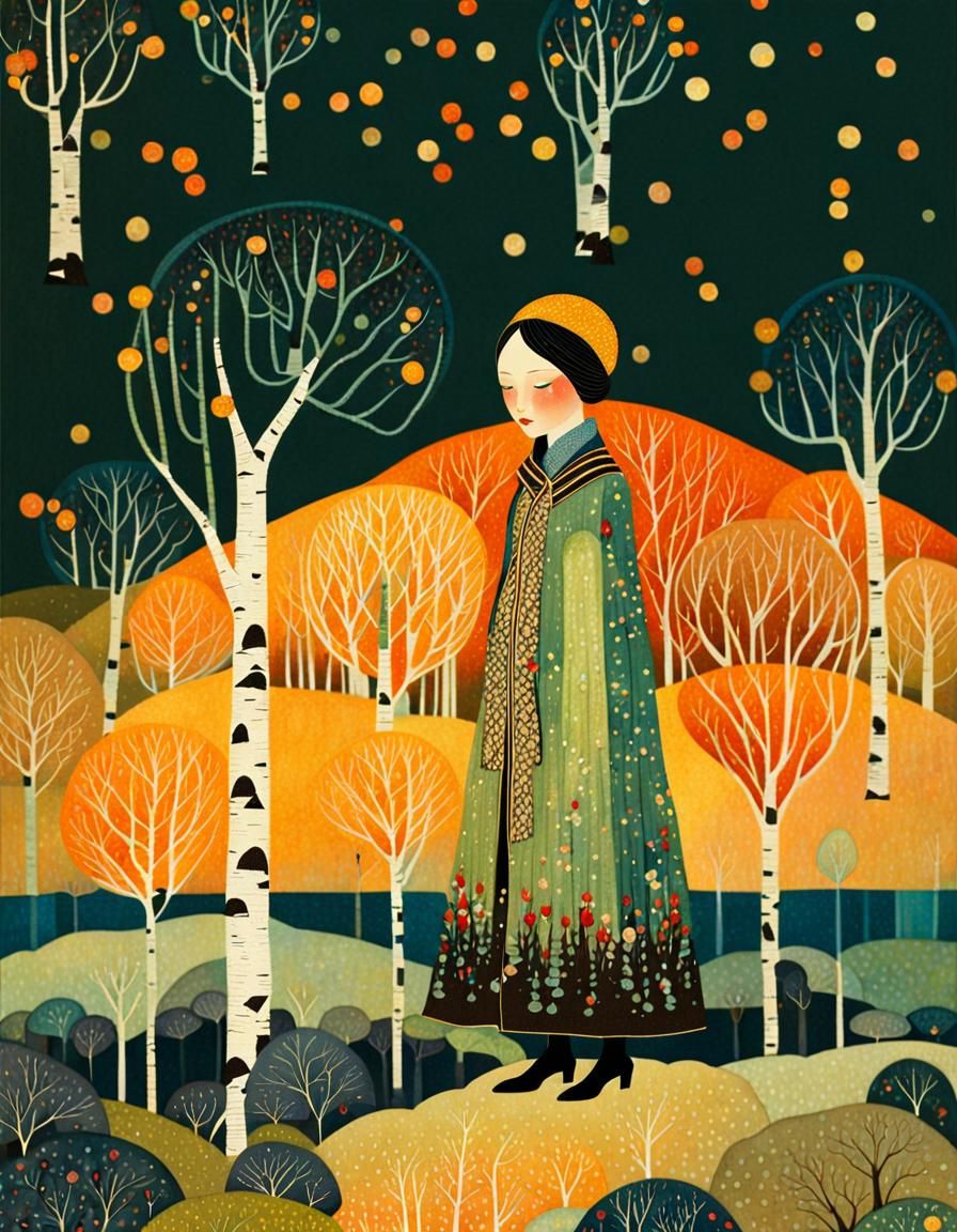 Girl in Birch Forest Inspired by Golden Age Illustration