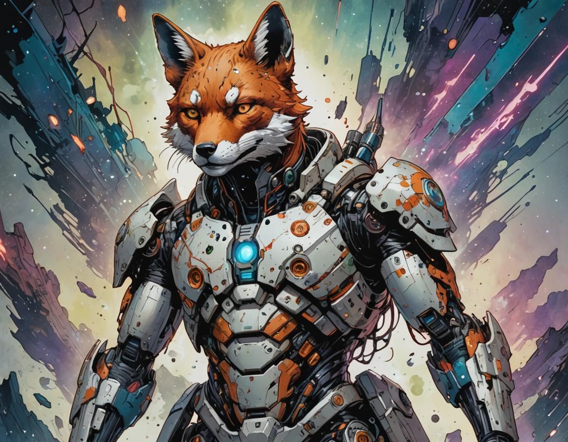 Cyborg Space Fox Portrait in Comic Book Style