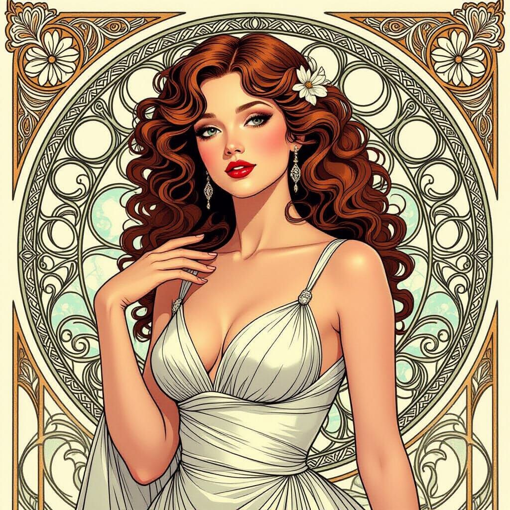 Elegant Woman in Monochrome, Mucha-Inspired
