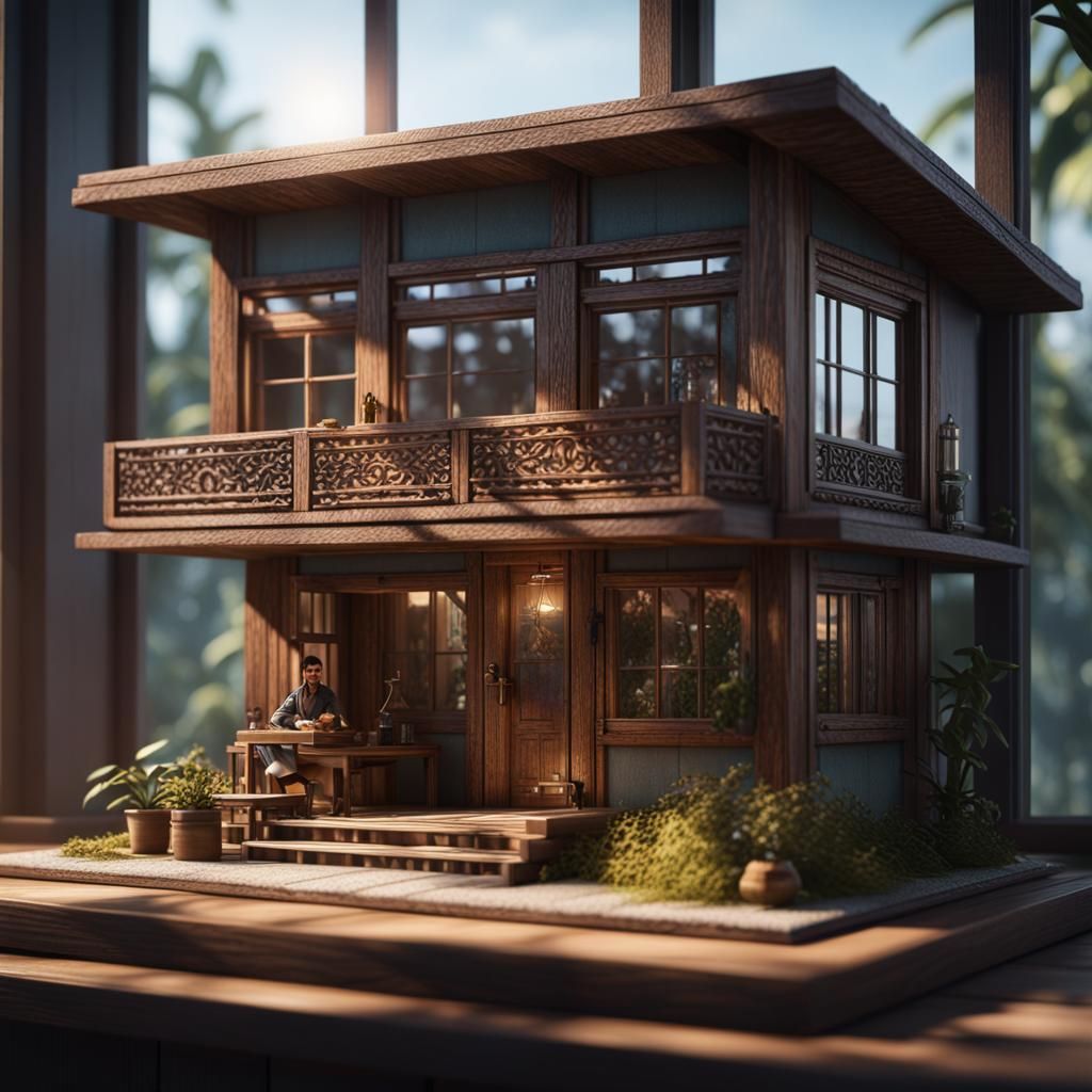 Miniature Wooden Bungalow with Man: 3D Game Art