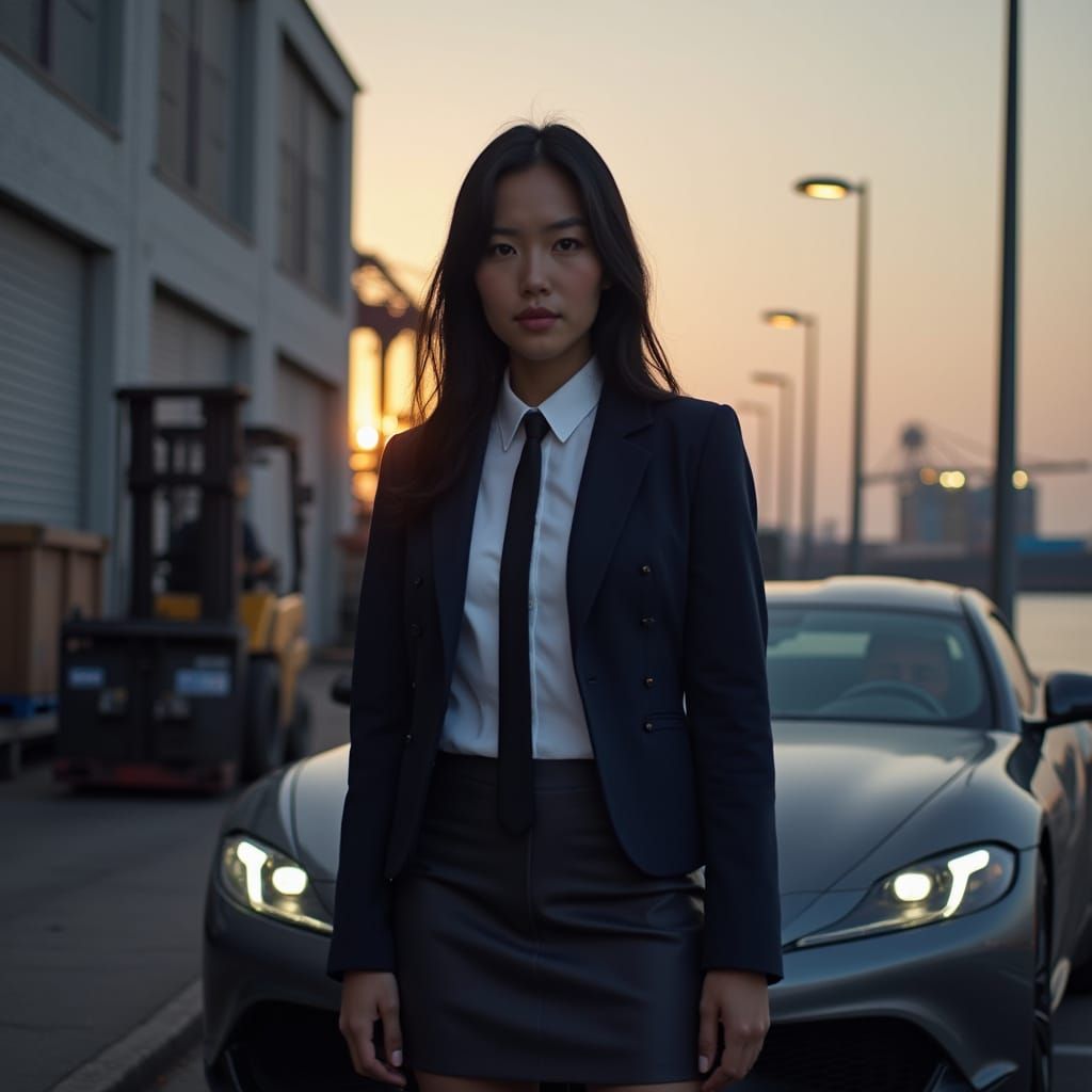 Asian American Woman In Blazer With Sports Car