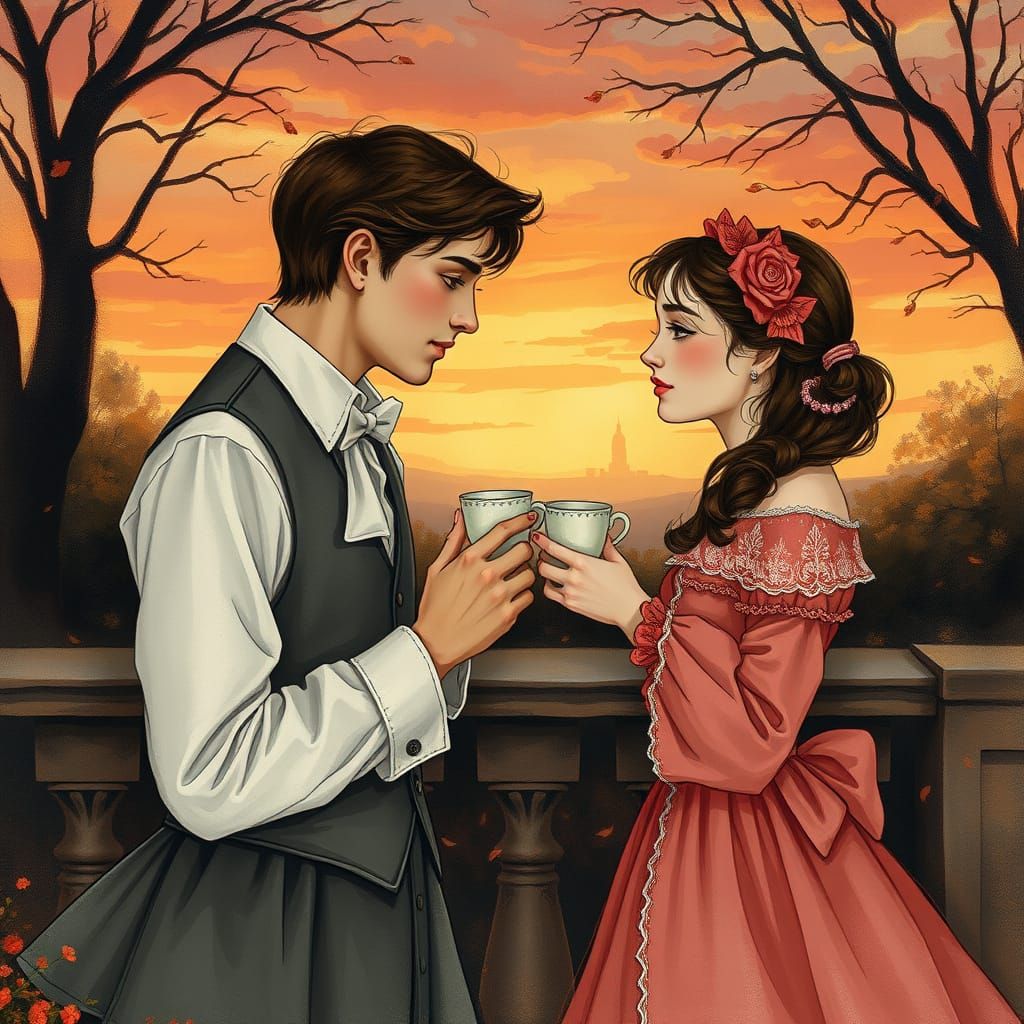 Romantic Couple Exchange Cups at Sunset