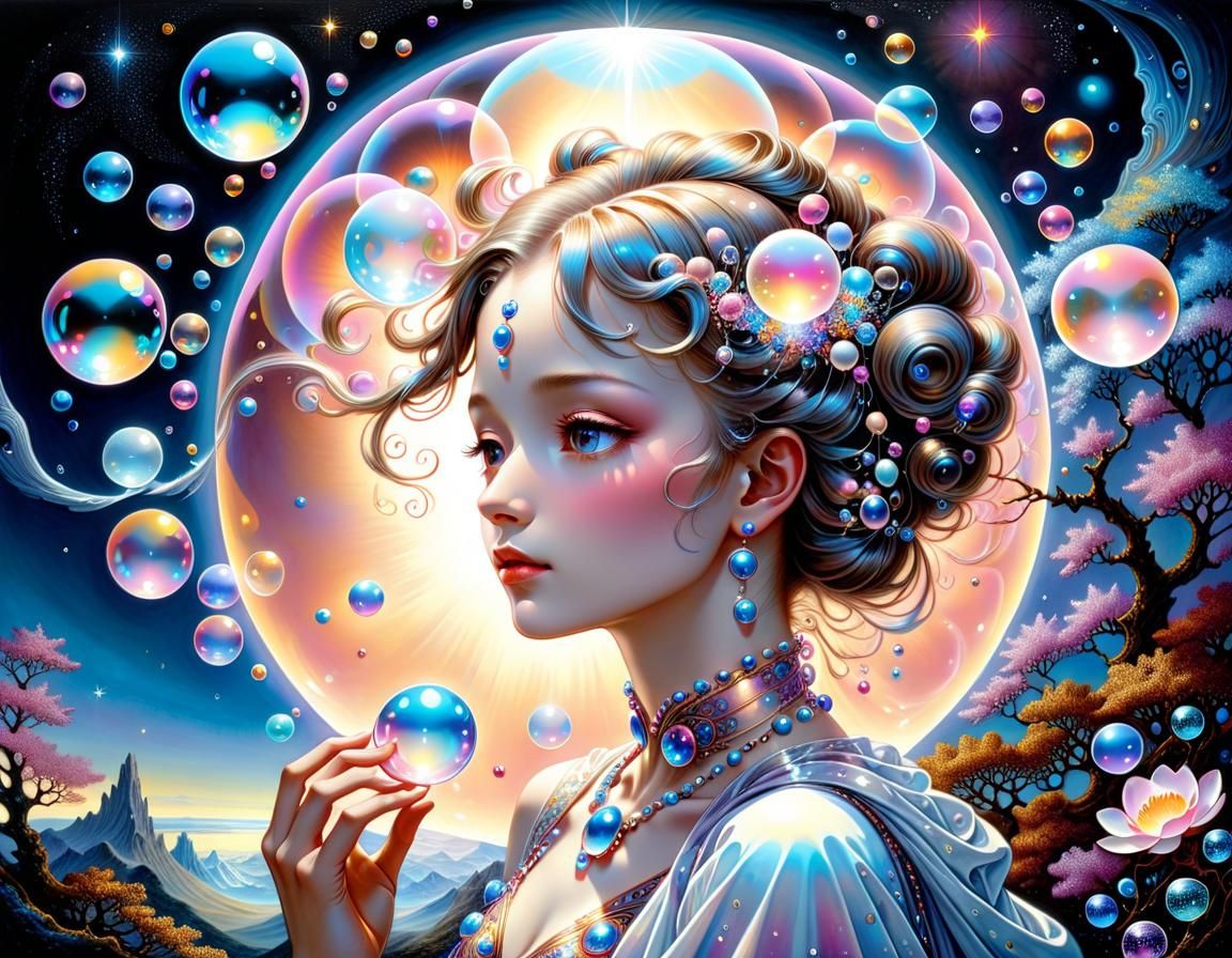 Luminous Bubbles in Surreal Opalescent Dreamscape