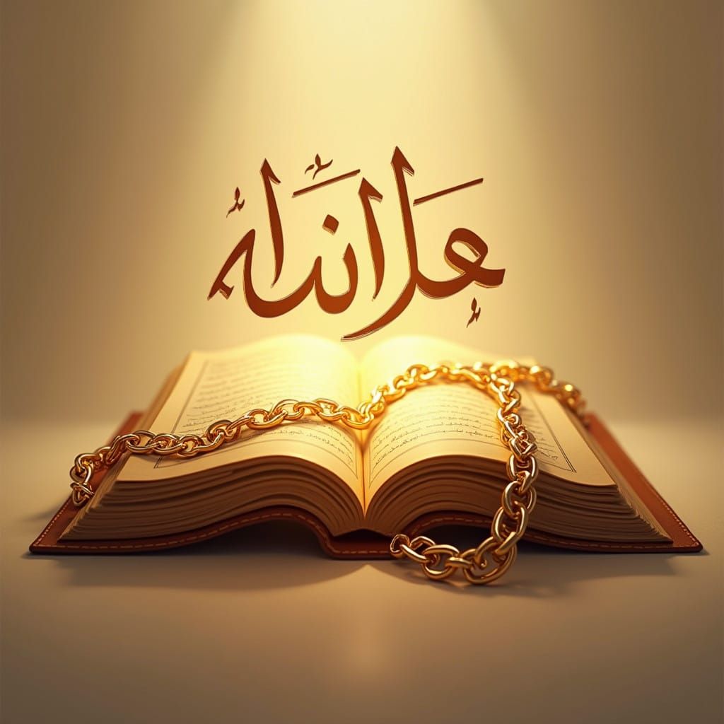 Golden Quran Logo with Ornate Book and Chain in Elegant Arab...