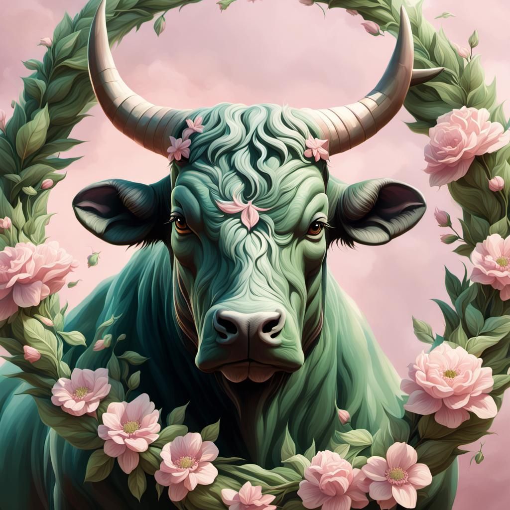 Taurus Bull in Floral Wreath: Fantasy Concept Art