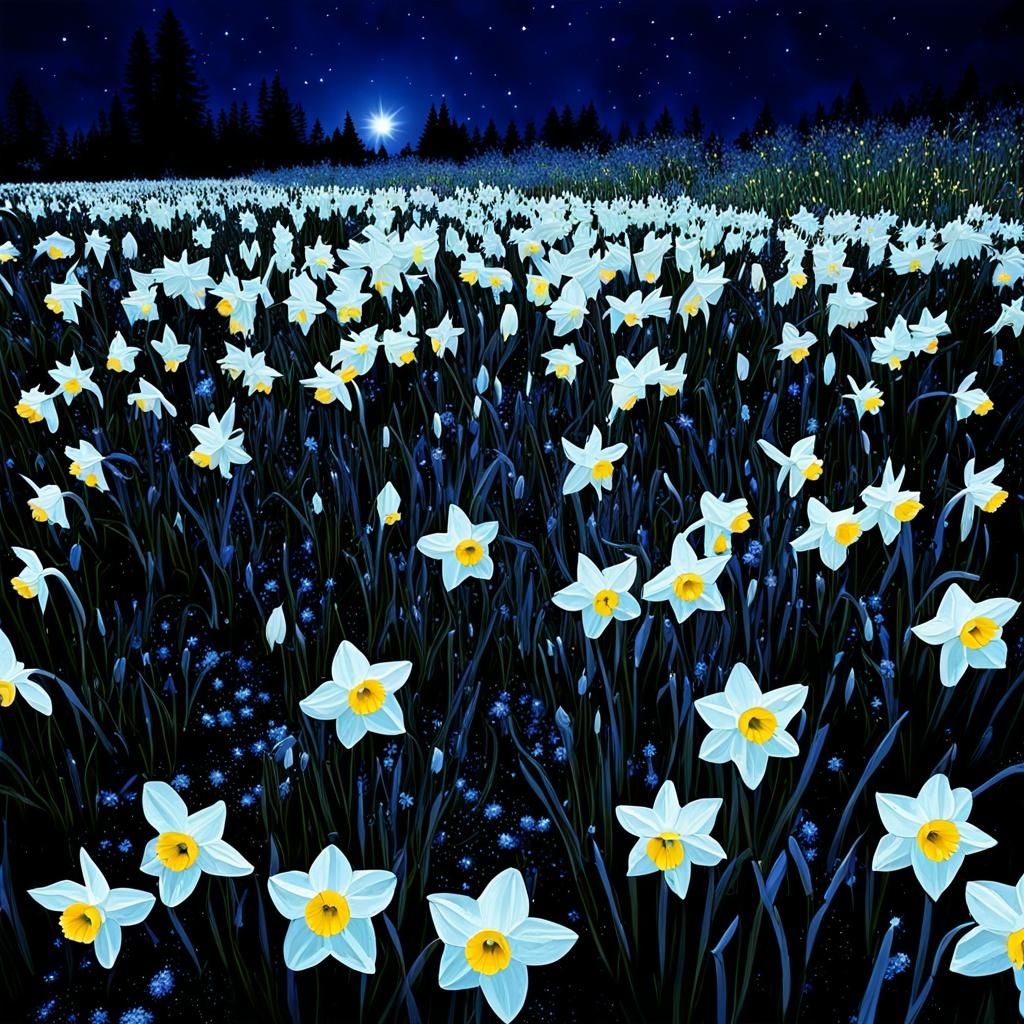 Ethereal Daffodils Bloom Under Starry Sky