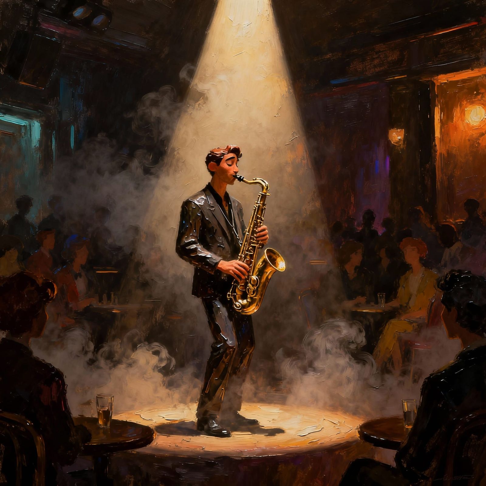 Saxophone Player in Smoky Jazz Club Spotlight