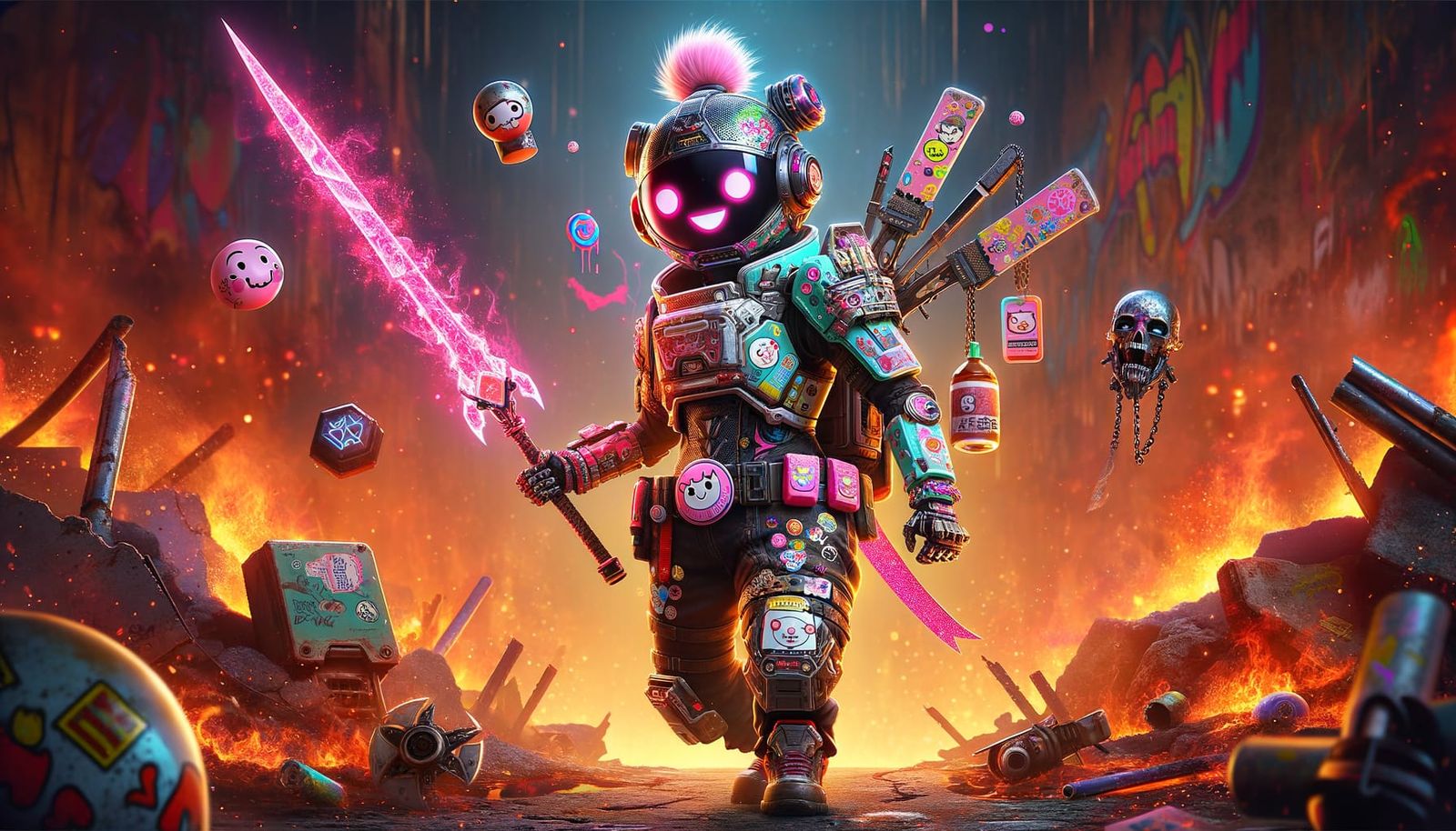 Neon Apocalypse Knight in Candy-Colored Chaos