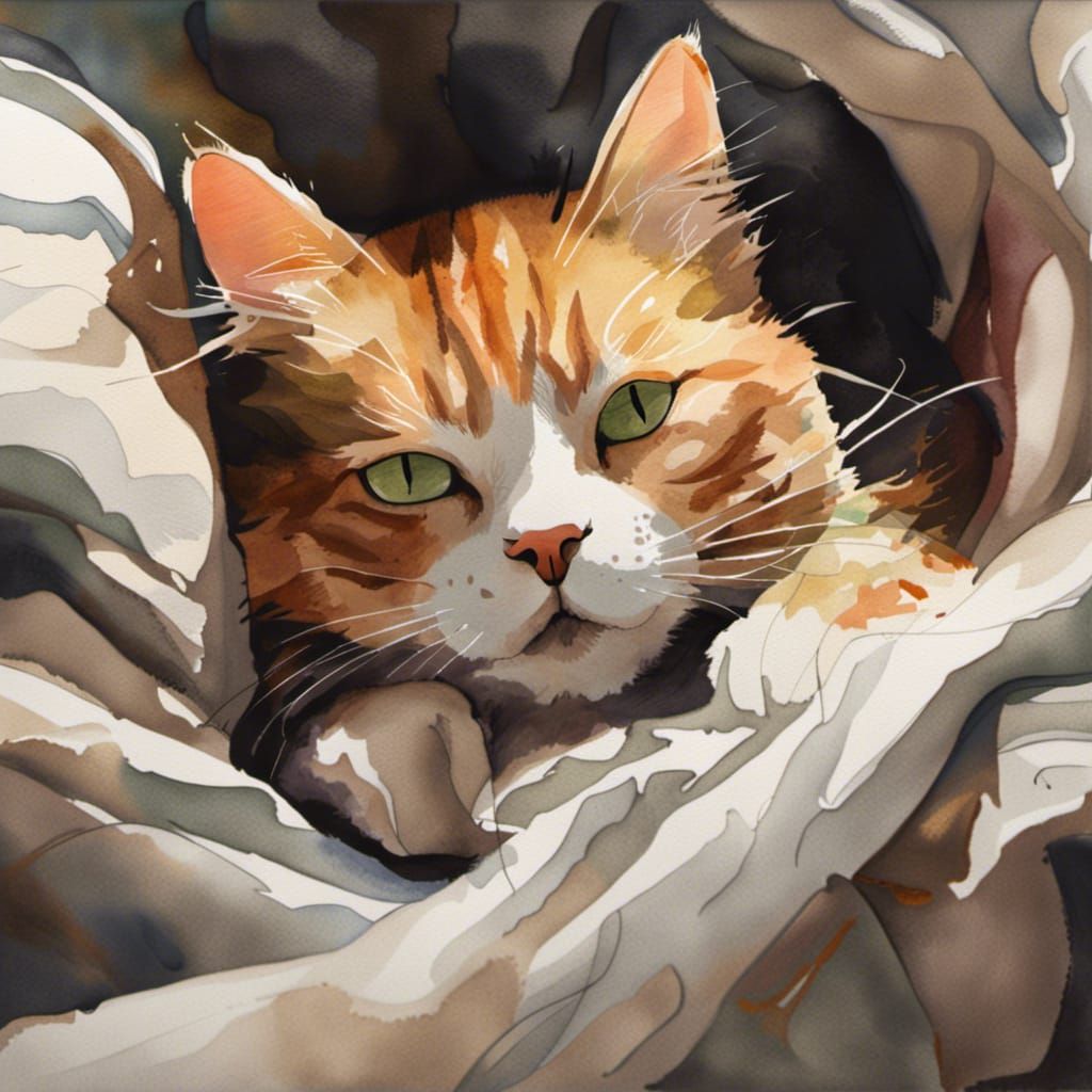Sleeping Cat in Watercolor Style with Blanket