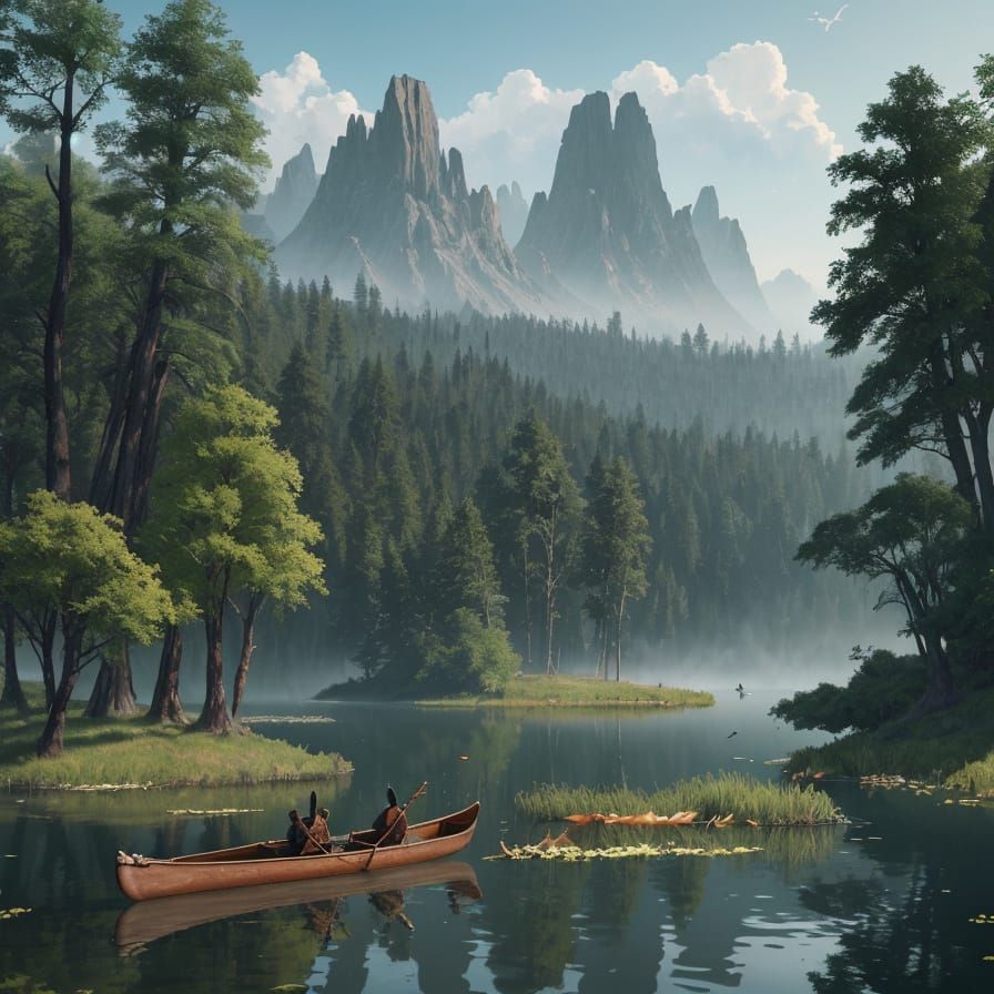Serene Lake with Canoe and Grazing Donkeys