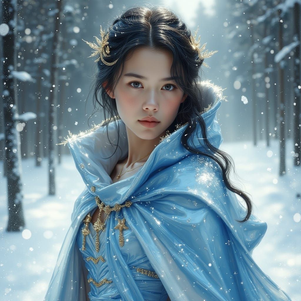 Maiden in Blue Dress in Snowy Landscape