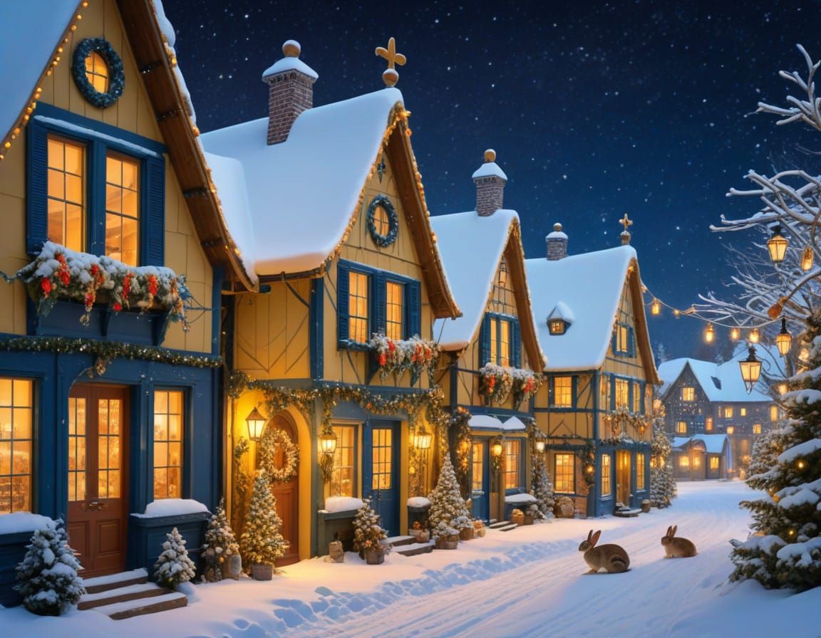 Whimsical Christmas Village Nighttime Scene