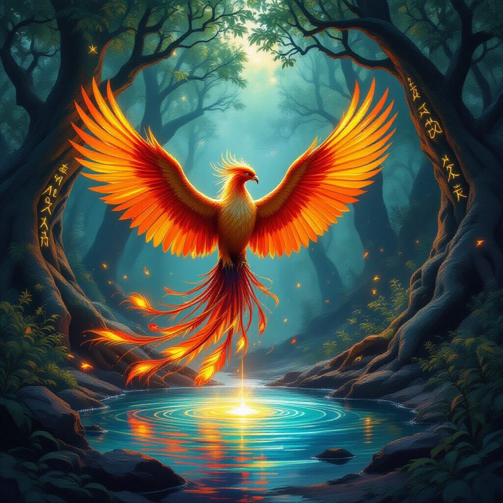 Majestic Phoenix Rises in Mystical Forest