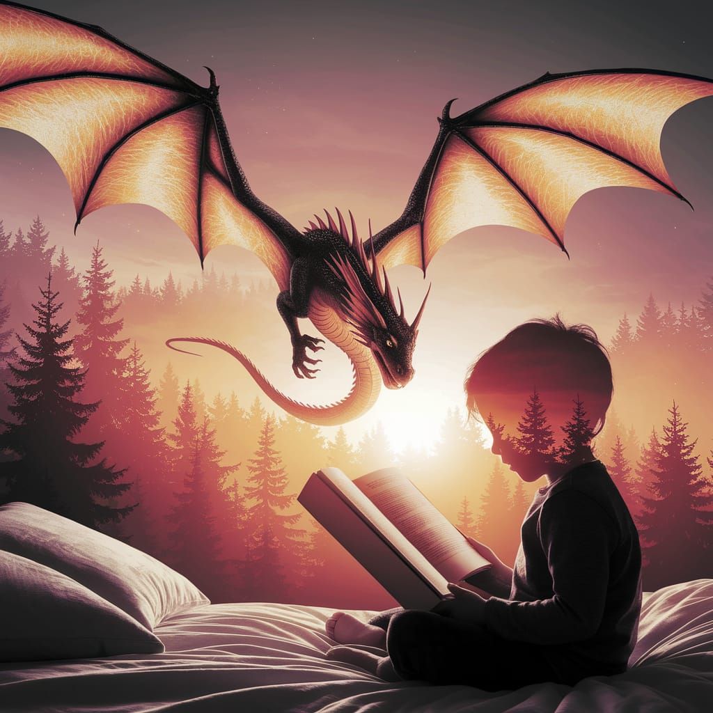 Whimsical Double Exposure Art of a Child's Magical Reading E...