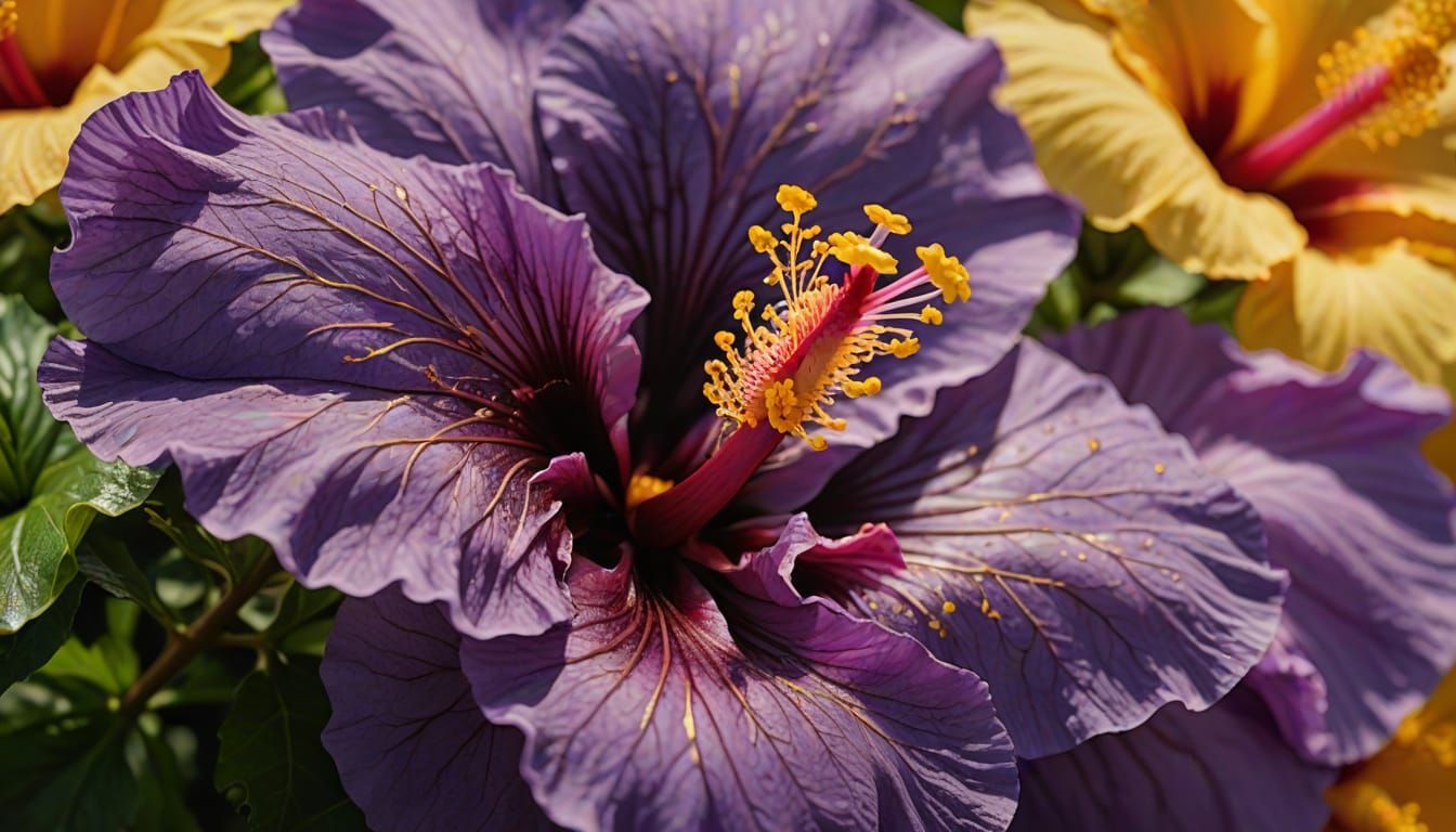 Purple Hibiscus Macro Photography in Vibrant Oil Painting St...