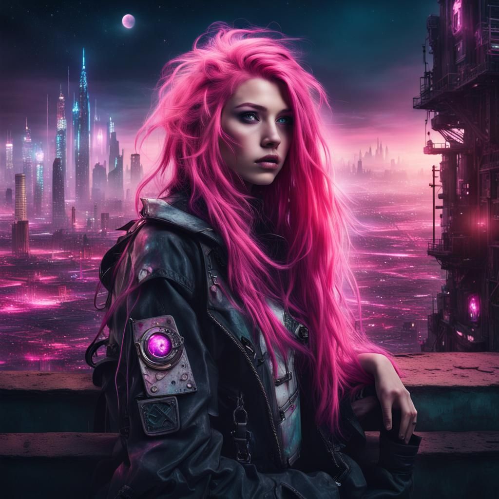 Mysterious Spacepunk Girl in Neon Cityscape