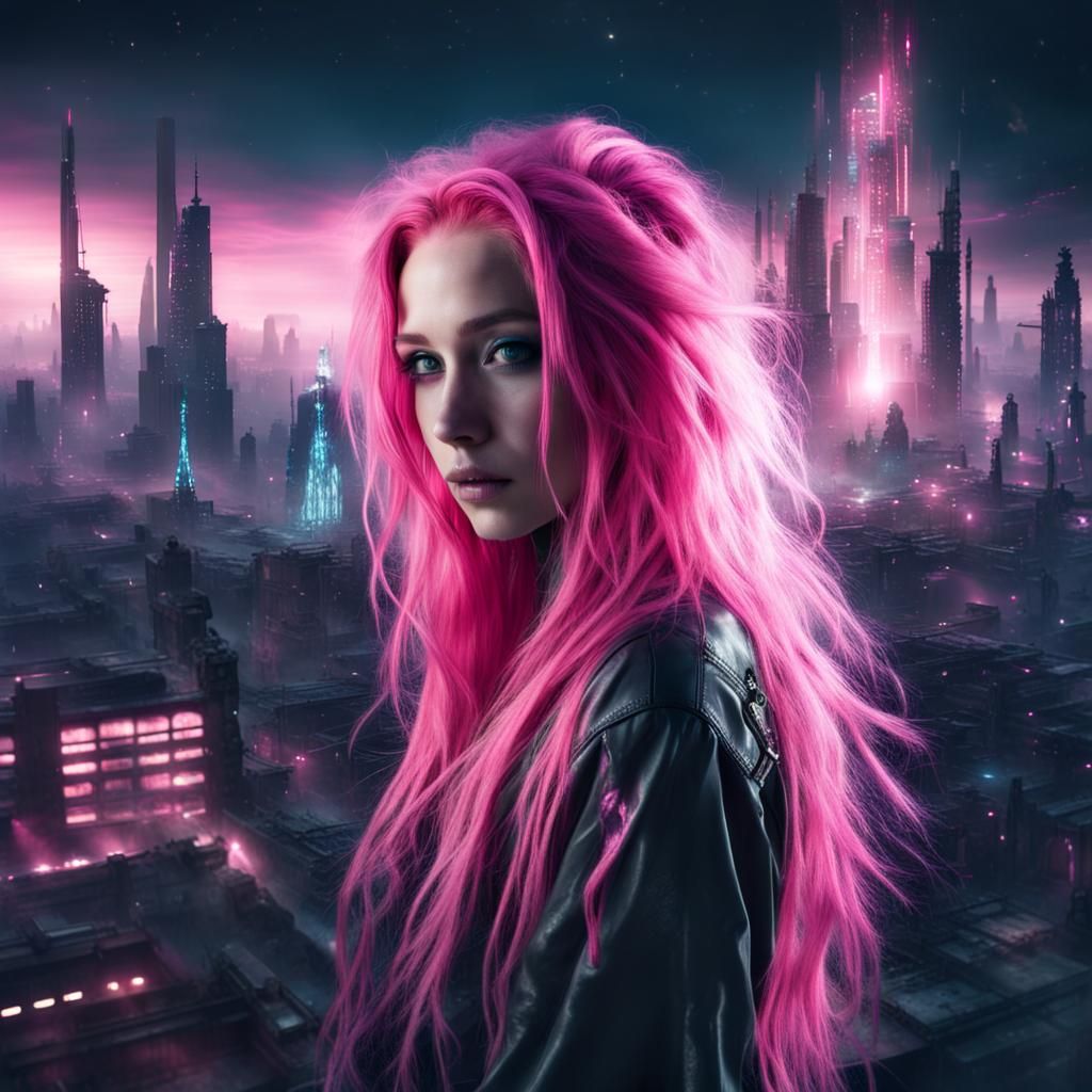 Cosmic Girl in Spacepunk Cityscape