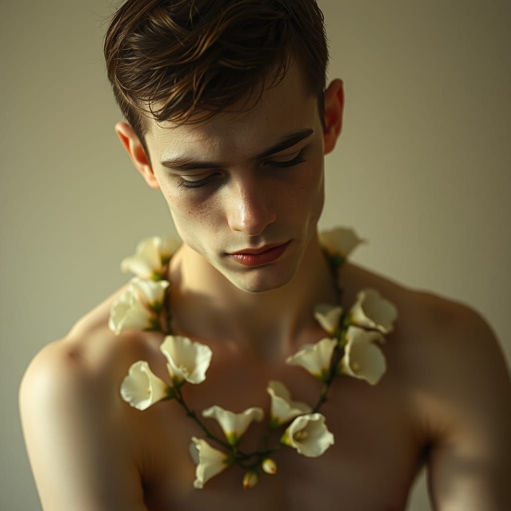 Young man with white hollyhocks