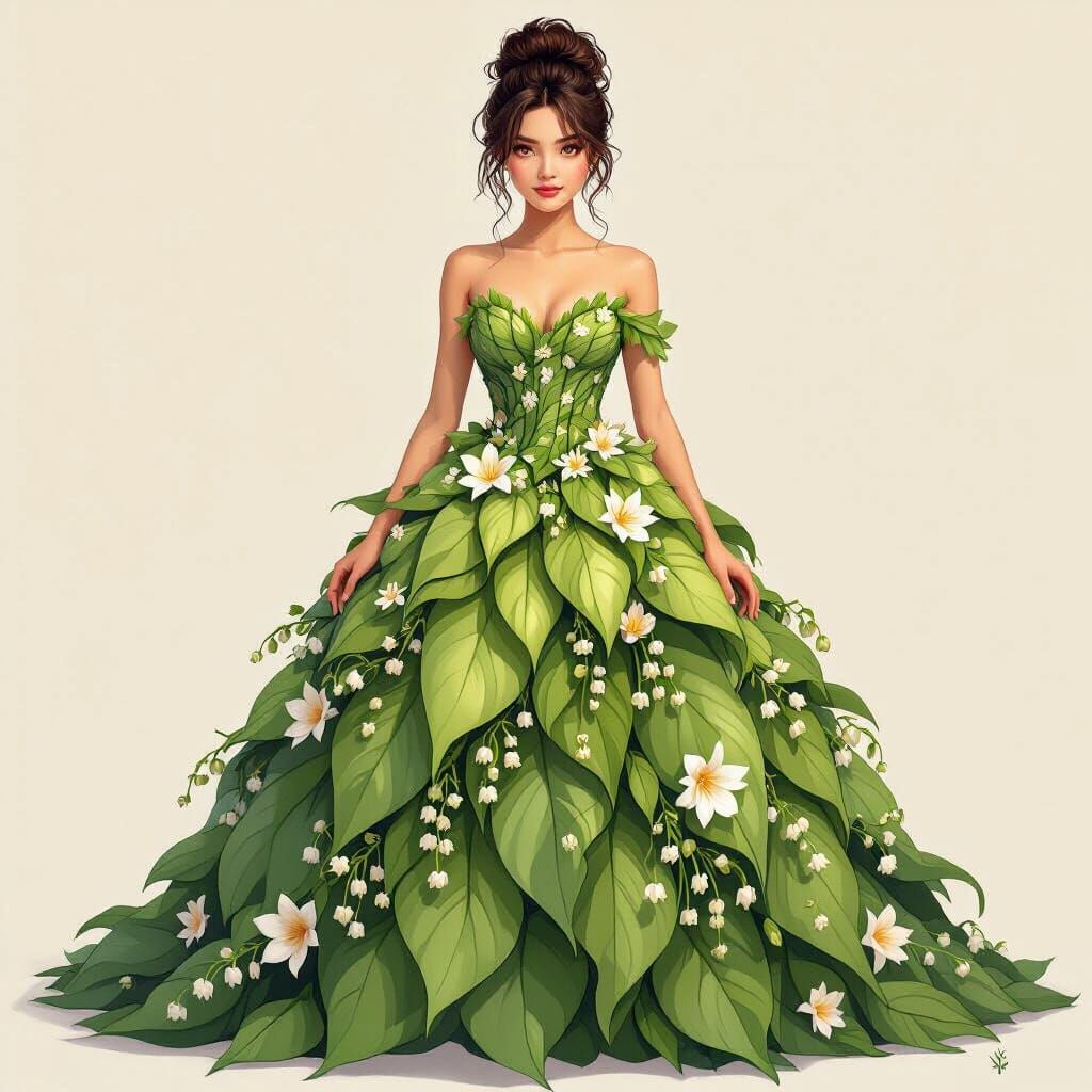 Woman in Floral Gown, Whimsical Magical Style