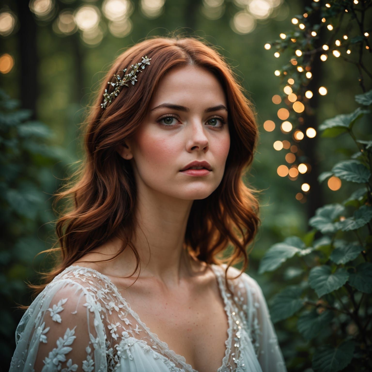 Beautiful Redhead in Flowing Dress, Interstellar Background