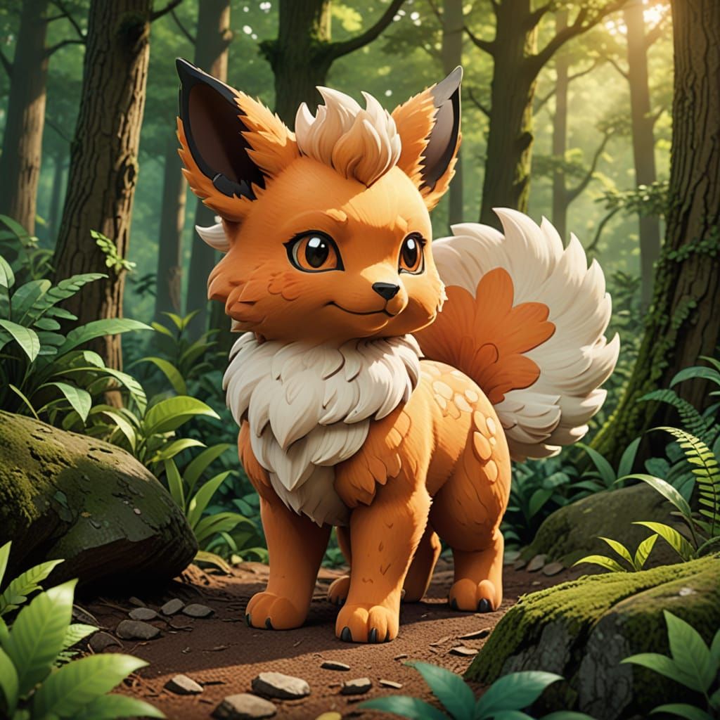 Semi-Realistic Cartoon Vulpix in Forest Landscape