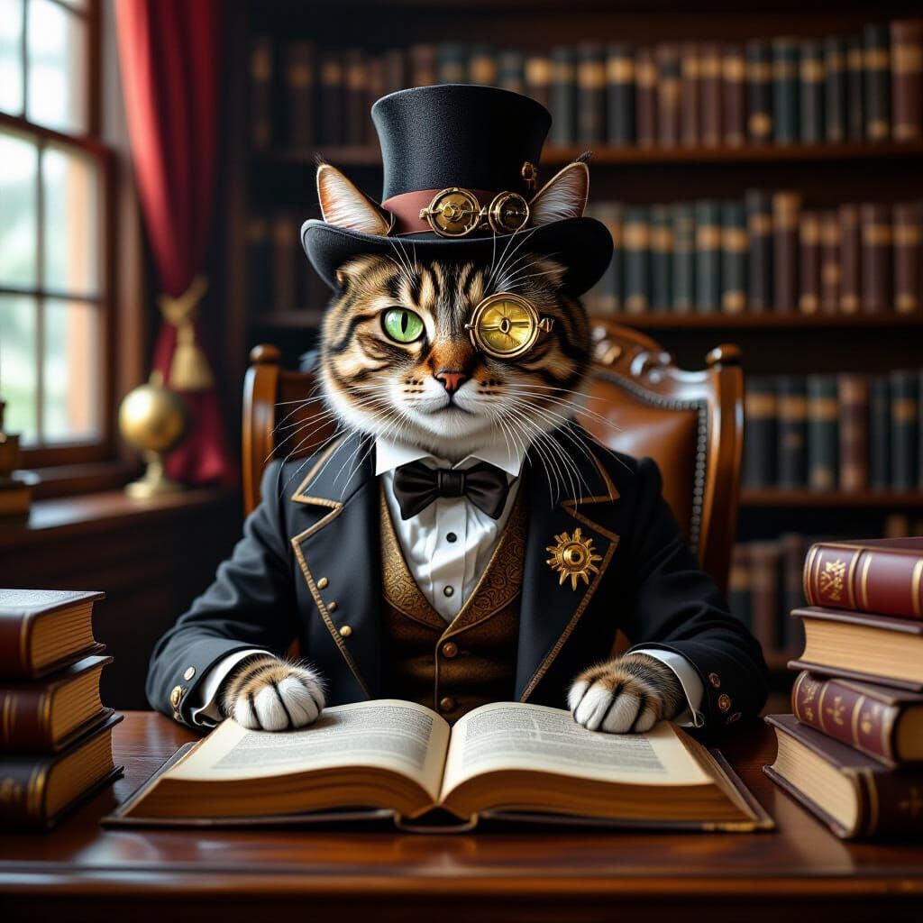 Steampunk Cat in Library with Monocle