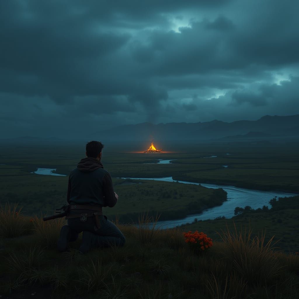 A Lone Traveler Discovers a Flickering Campfire in the Night