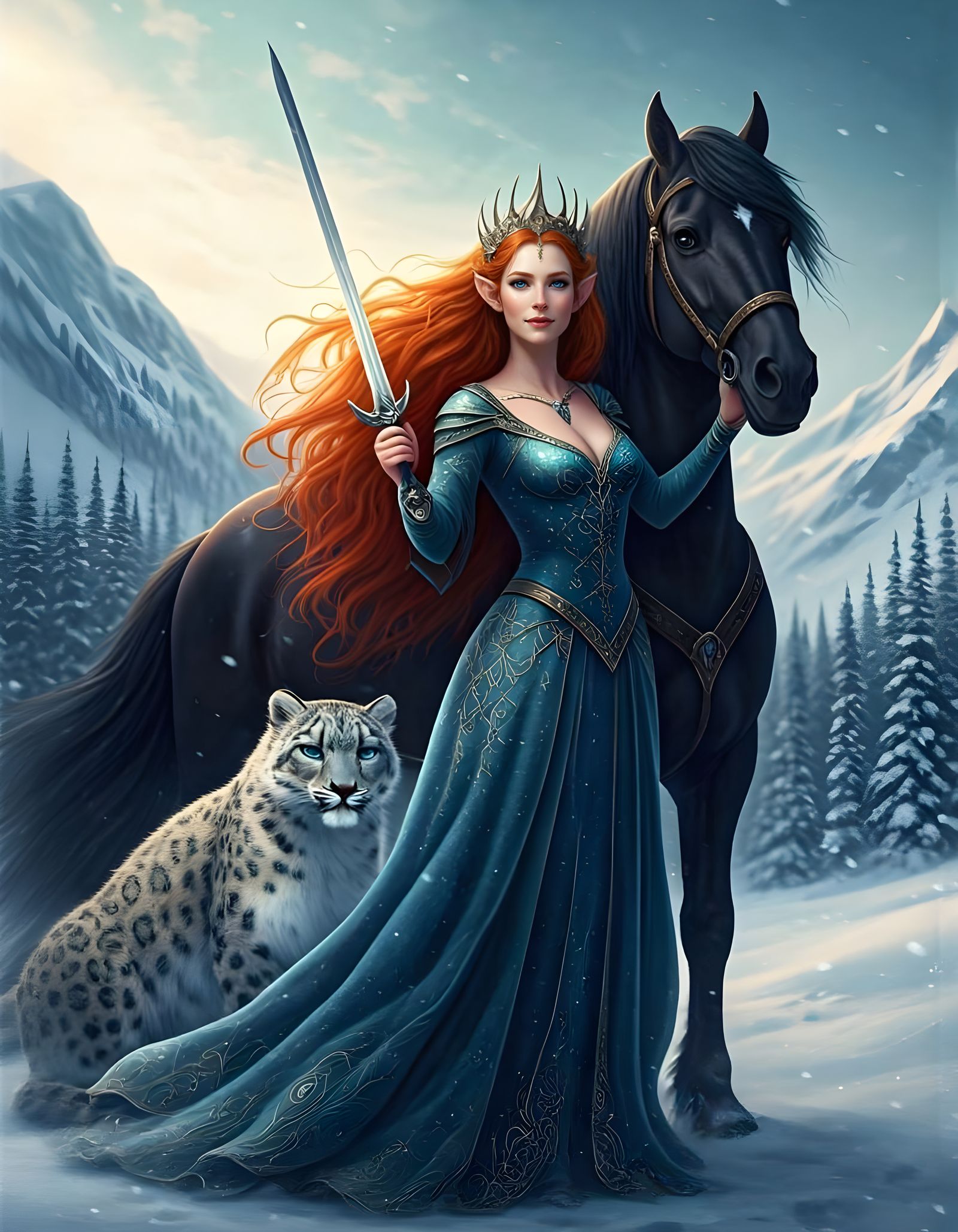 Elven Queen and Stallion in Winter Wilderness