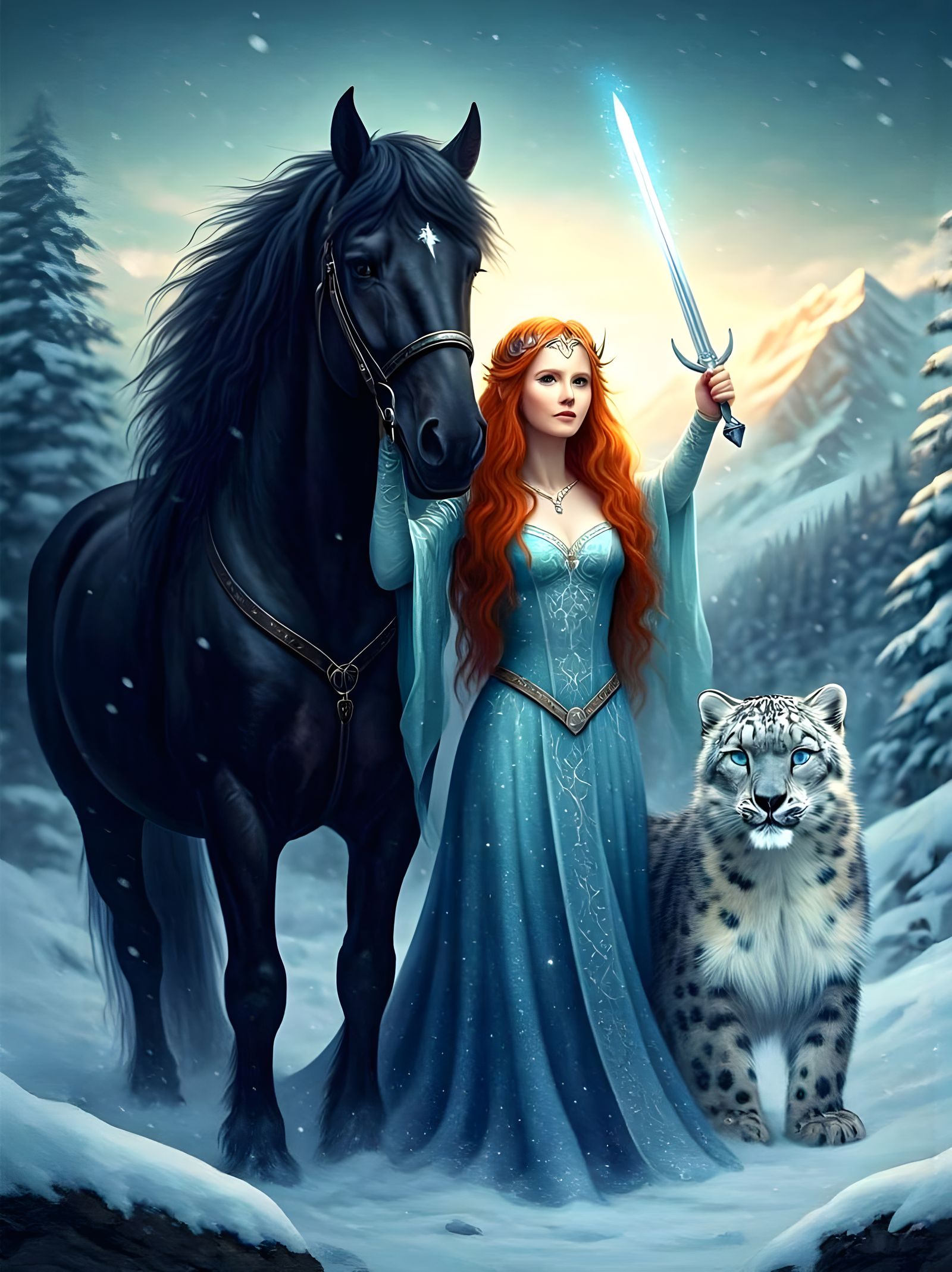 Elven Queen with Stallion in Winter Forest