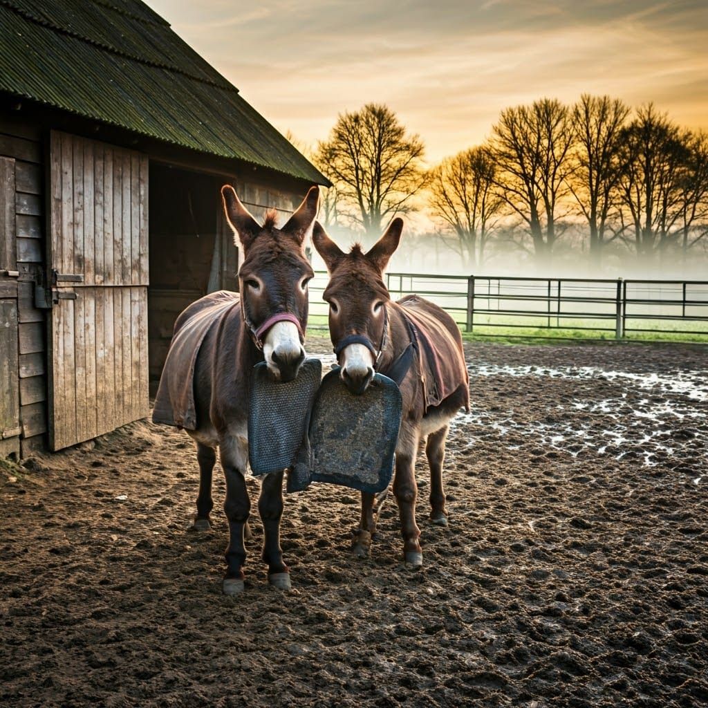 Donkeys Stand in a Muddy Paddock at Dawn