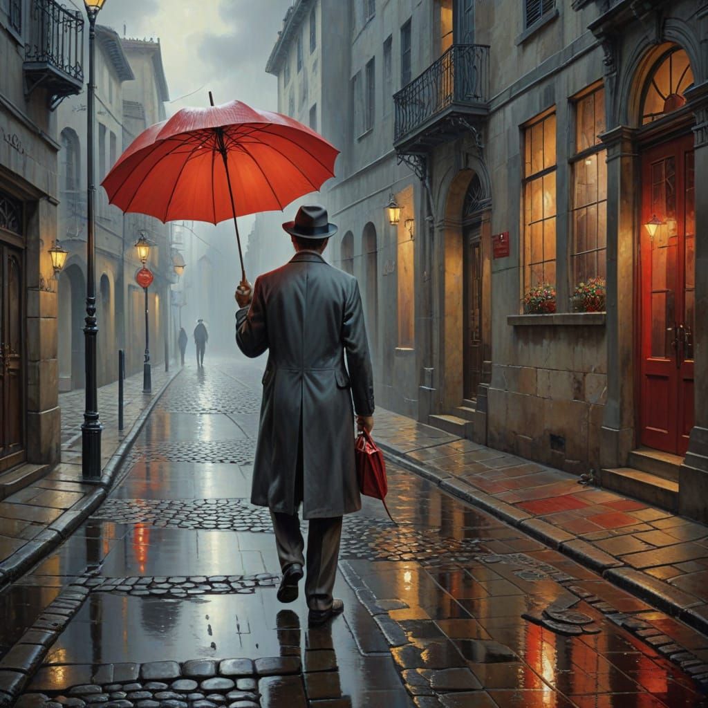 Surrealist Oil Painting of Figure with Red Umbrella