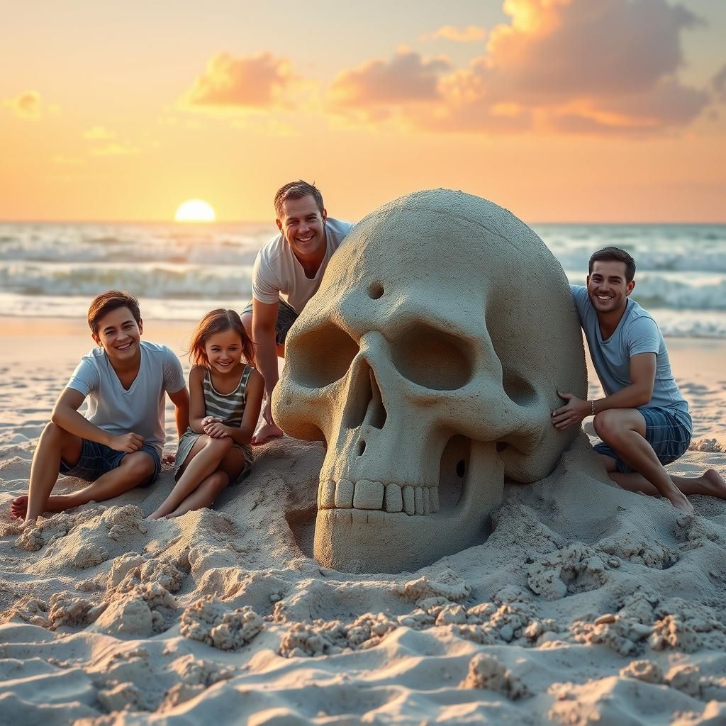 Happy Family Builds Skull Sandcastle: Photorealistic 8K