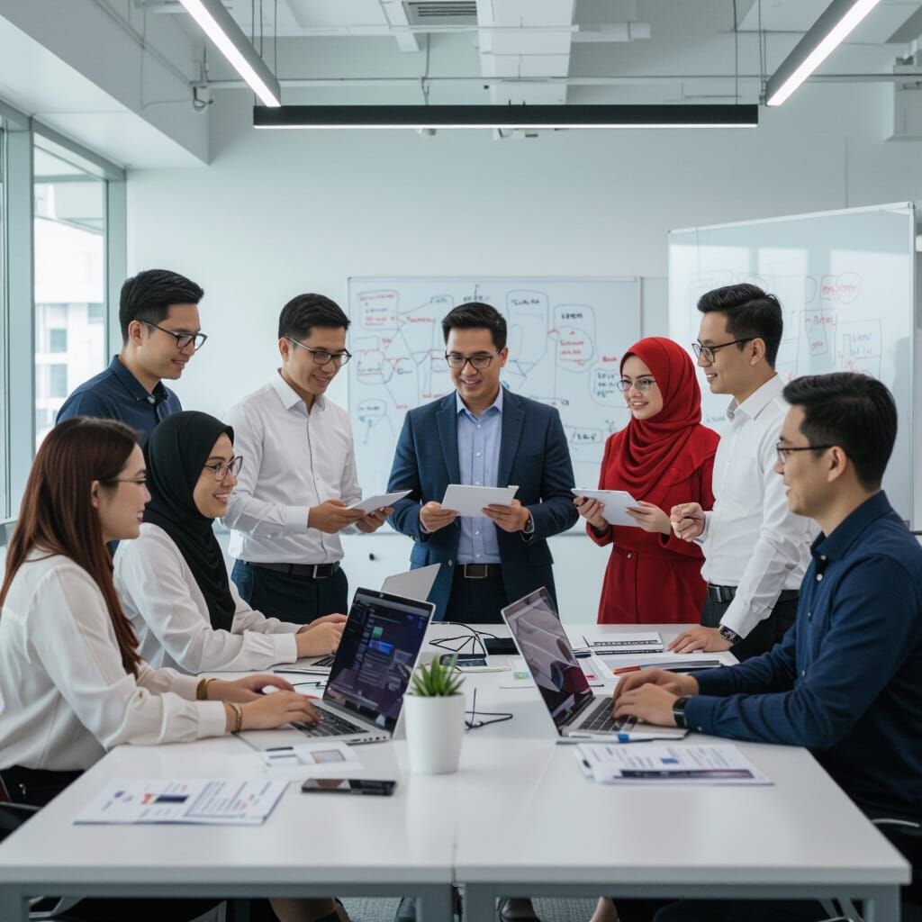 Collaborative Training in Futuristic Office, Digital Illustr...