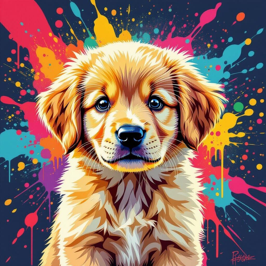 Fluffy Golden Retriever Puppy in Splash Art Style